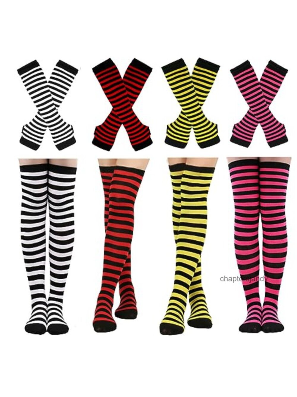 Womens Striped Knee High Socks & Fingerless Arm Warmers Set